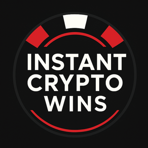 a red black and red casino chip with white bold font lettering spelling Instant crypto wins